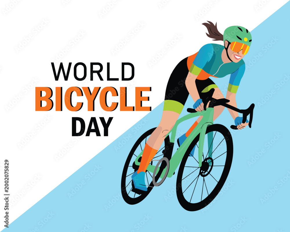 Fototapeta premium Woman cyclist on modern bicycle with colorful sportswear and helmet, world bicycle day message, june 3 date, abstract city