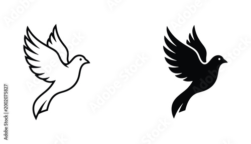 Flying dove of peace symbol vector illustration set featuring solid black and outline graphic styles for religious or humanitarian branding and minimalist logo design on white background