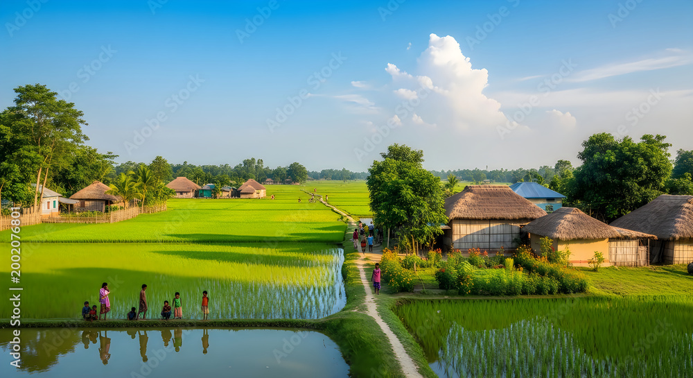 Obraz premium Rural landscape, green fields, village homes, serene countryside
