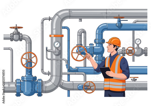 Tableau sur toile Worker inspecting industrial pipeline system.