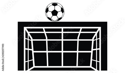 Black and white illustration of a soccer ball flying over a goal