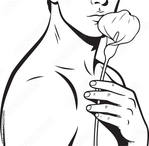 Man smelling calla lily with hand near chest on transparent background.