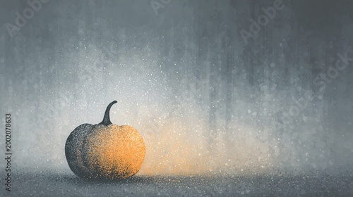 A luminous Halloween pumpkin, speckled with light, emerges from a blurred, rainy backdrop, creating a moody and atmospheric seasonal scene with subtle glow.