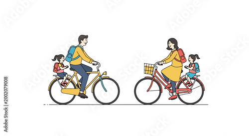 Outdoor recreational journey depiction featuring a parents and two children enjoying a pleasant cycling excursion together as a family on a sunny day engaging in wholesome activity and healthy