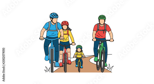 A group of four people wearing helmets riding bicycles on a dirt path enjoying outdoor recreational activity together as a family