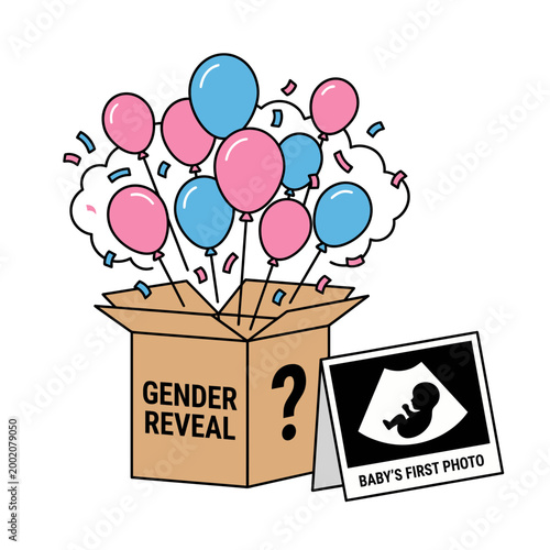 Gender reveal party concept with balloons popping out of box and baby ultrasound photo, flat vector illustration on white background