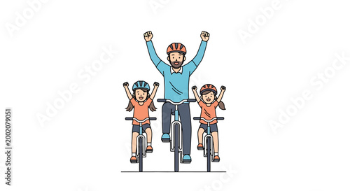 A father and his two daughters joyfully riding bicycles together wearing helmets celebrating a shared outdoor activity and family bonding on a sunny day with arms raised in triumph and excitement