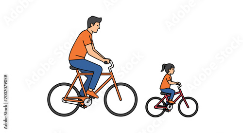 A man and a child enjoy a ride on bicycles representing outdoor recreation and family activity promoting healthy lifestyles and enjoying leisure time together during daylight hours with clear