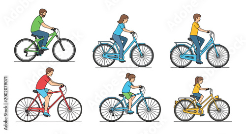 Diverse individuals of varying ages enjoying outdoor recreation riding bicycles on a bright day showcasing healthy lifestyle choices and recreational activity promoting transportation and