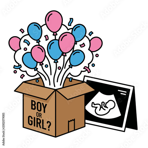 Gender reveal party concept with balloons popping out of box and baby ultrasound photo, flat vector illustration on white background