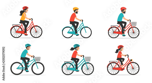 Six diverse individuals wearing helmets enjoy cycling on bicycles with baskets showcasing people engaged in outdoor recreational activities and healthy transportation options set against a plain