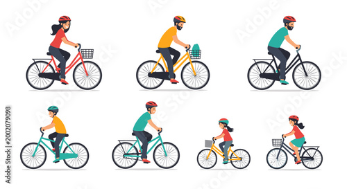 Diverse groups of people including adults and children enjoying bicycle rides wearing protective gear for outdoor recreation and healthy activity on sunny days promoting a vibrant lifestyle and