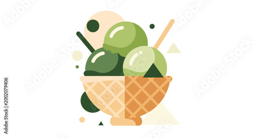 Flat Design Matcha Green Tea Ice Cream in Waffle Bowl Vector Illustration Isolated on White