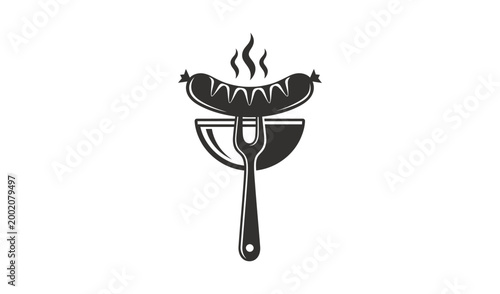Black and white illustration of hot dog on a fork and plate