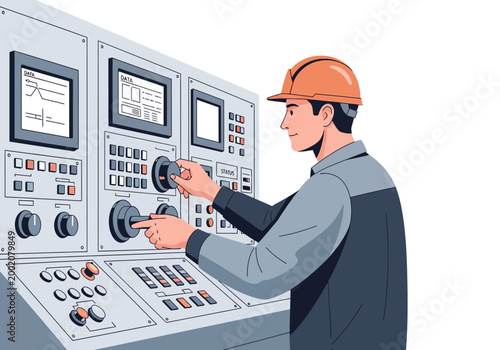 Fotografie Man wearing hardhat working industrial control.