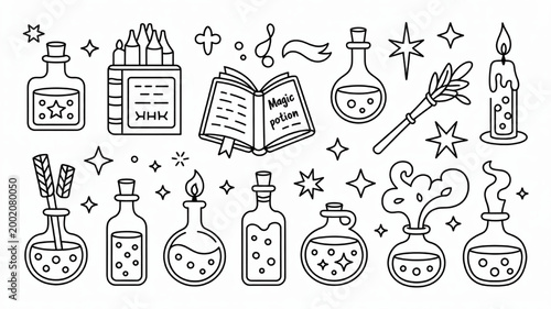 Collection of magic potion bottles spellbook wand and candle icons hand-drawn vector elements for fantasy and witchcraft design