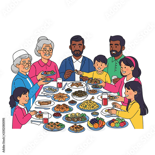 Diverse family enjoying a meal.