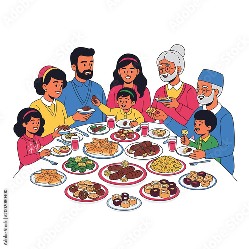 Diverse family enjoying a meal together.