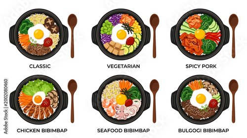 This vibrant illustration presents six popular and diverse Korean bibimbap dishes, showcasing classic, vegetarian, spicy pork, chicken, seafood, and bulgogi varieties.