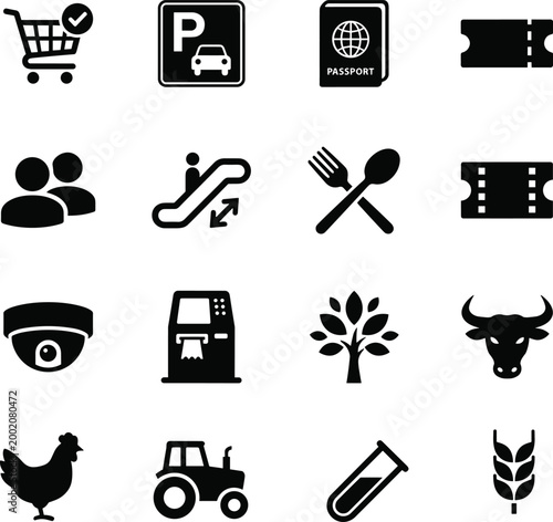 Black glyph icon set featuring shopping cart, parking, passport, tickets, people, escalator, food, security camera, ATM, agriculture, livestock and transport symbols