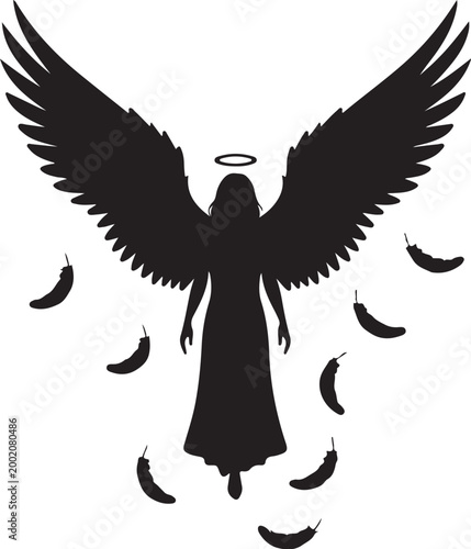 Angel silhouette, winged guardian, halo, falling feathers, black icon