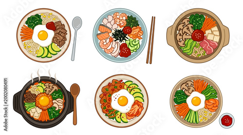 Delicious and vibrant assortment of six uniquely prepared Korean bibimbap dishes presented from a top-down perspective.
