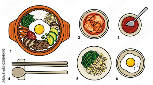 This vibrant illustration showcases a delicious spread of traditional Korean bibimbap meal components and classic side dishes.