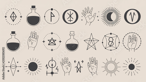 Mystical alchemy symbols and celestial icons including potion bottles hands sun moon and runes for esoteric design and spiritual concepts
