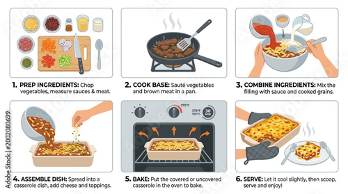 Illustrated cooking tutorial showing six simple steps to prepare a delicious and healthy home cooked meal for your entire family