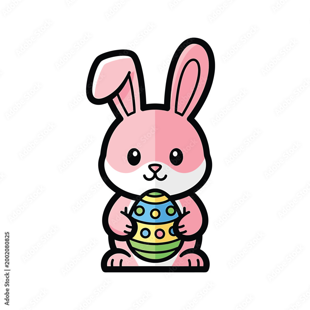 Obraz premium Cute Pink Easter Bunny Holding Egg.