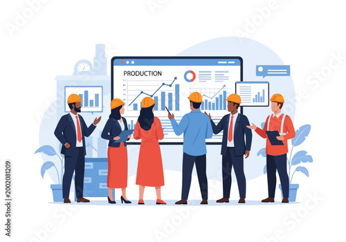 Business people wearing hard hats standing.