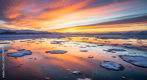 Arctic sunset over frozen ocean with ice floes reflecting colorful pink and orange sky, winter landscape with snowcapped mountains in the distance