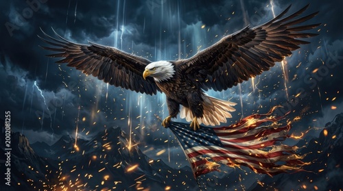 Eagle Carrying USA Flag Through Lightning and Clouds