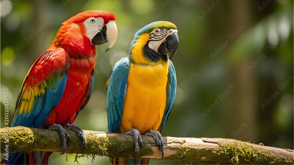 Obraz premium Two vibrant macaws perched together on a mossy branch in a tropical rainforest, with clear copy space.
