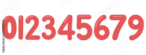 Bright red glossy numbers 0, 1, 2, 3, 4, 5, 6, 7, 9 arranged horizontally on a clean white background, ideal for playful educational content or graphic design.