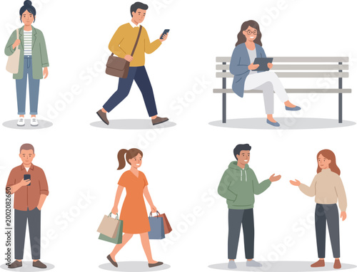 Urban lifestyle people isometric vector set with casual young adults doing daily city activities, mobile use, coffee break, shopping, remote work and social interaction illustration, Architectural