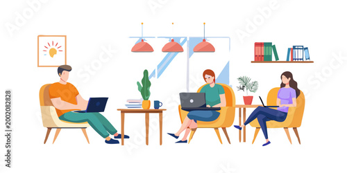 Working at home, coworking space, concept illustration. Young people, man and woman freelancers working on laptops and computers at home. People at home in quarantine.  flat style illustration .Vector