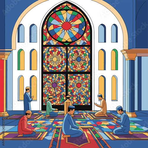 Muslim men praying on colorful rug.