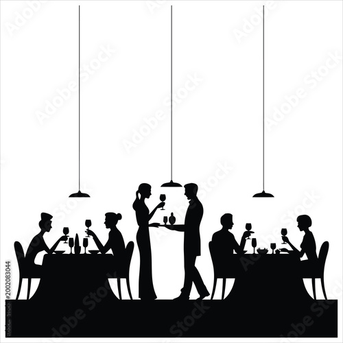 Silhouette of people in a restaurant isolated on white background