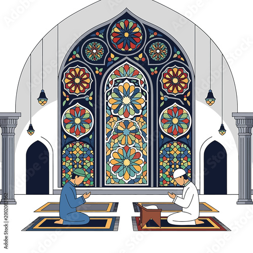 Muslim men praying on mats indoors.