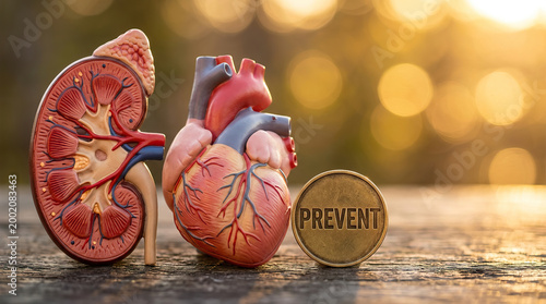 Kidney and heart anatomical models with coin engraved prevent, symbolizing health awareness and disease prevention in warm glowing background