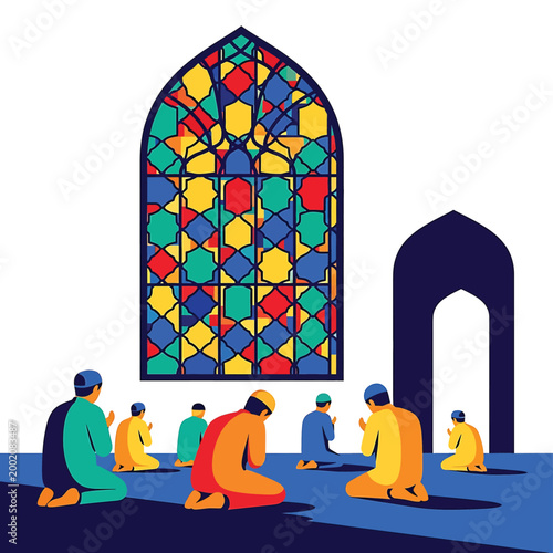 Muslims praying in a mosque.