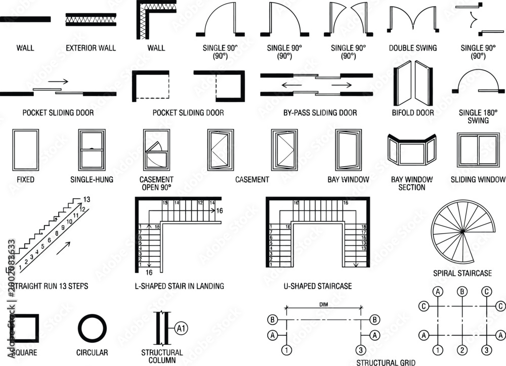 Obraz premium Architectural CAD floor plan symbol set with doors, windows, stairs, walls, columns, hatches and dimension tools for technical, blueprint, drafting and construction drawings