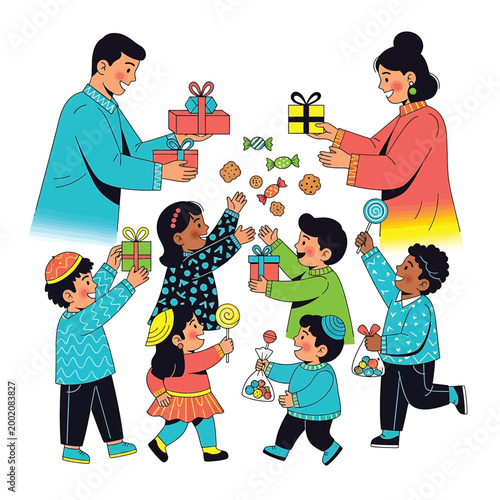 Family exchanging gifts and smiling.