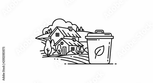 Line art depicts a rural landscape with houses and a recycling bin