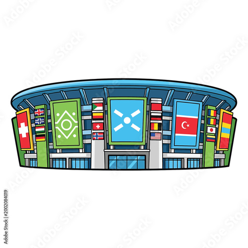 Flags from various countries on building.