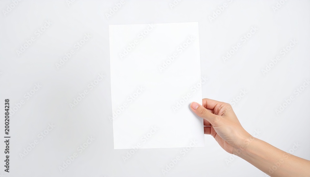 Fototapeta premium Human hand holding a blank white paper sheet against plain background