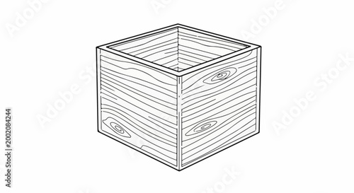 Isometric line art of a wooden box with visible grain and knots