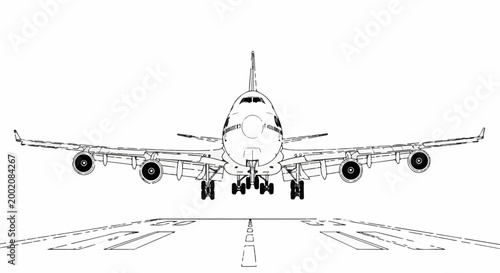 Line art of a large passenger jet descending onto a runway