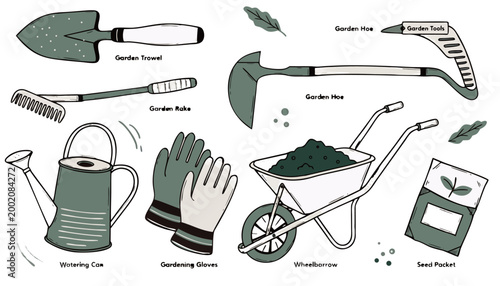 Comprehensive Collection of Essential Hand Tools for Outdoor Gardening and Horticulture.eps
